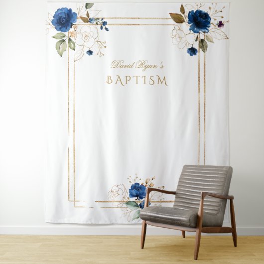 Eleganter Blue Floral Gold Baptism Boy Foto Stand Wandteppich (Beispiel)
