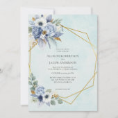 Eleganter Blue Floral Gold Rahmen Hochzeit Einladung (Vorderseite)