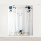 Eleganter Blue Floral Gold Wedding Foto Stand Wandteppich (Vorderseite)