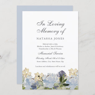 Eleganter Blue Floral Memorial Service Einladung