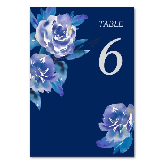 Eleganter Blue Floral Silver Wedding Table Tischnummer (Rückseite)