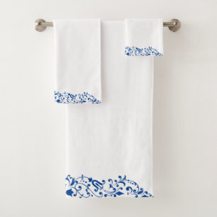 Eleganter Blue Floral Swirl Vogelbeobachter Badhandtuch Set