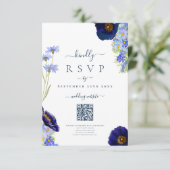 Eleganter Blue Floral Wedding Response QR Code RSVP Karte (Stehend Vorderseite)
