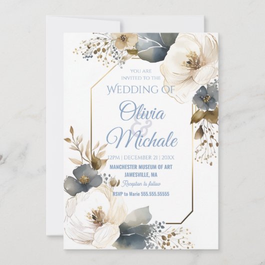 Eleganter Blue Floral Wedding Watercolor Goldrahme Einladung (Vorderseite)