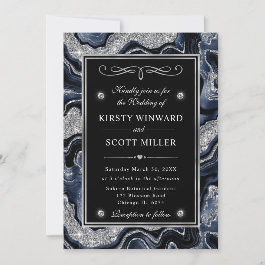 Eleganter Blue Foil & Silver Glitzer Agate Wedding Einladung (Vorderseite)