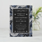 Eleganter Blue Foil & Silver Glitzer Agate Wedding Einladung (Stehend Vorderseite)