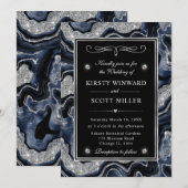 Eleganter Blue Foil & Silver Glitzer Agate Wedding Einladung (Vorne/Hinten)