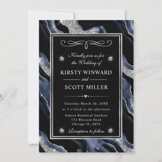 Eleganter Blue Foil & Silver Glitzer Agate Wedding Einladung (Vorderseite)