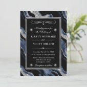 Eleganter Blue Foil & Silver Glitzer Agate Wedding Einladung (Stehend Vorderseite)