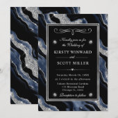Eleganter Blue Foil & Silver Glitzer Agate Wedding Einladung (Vorne/Hinten)