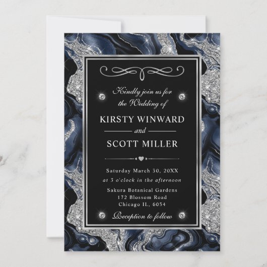 Eleganter Blue Foil & Silver Glitzer Agate Wedding Einladung (Vorderseite)