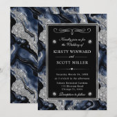 Eleganter Blue Foil & Silver Glitzer Agate Wedding Einladung (Vorne/Hinten)