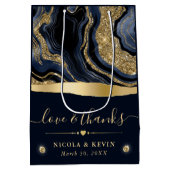 Eleganter Blue Foil und Gold Glitzer Agate Wedding Mittlere Geschenktüte (Rückseite)