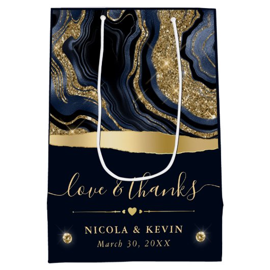 Eleganter Blue Foil und Gold Glitzer Agate Wedding Mittlere Geschenktüte (Rückseite)