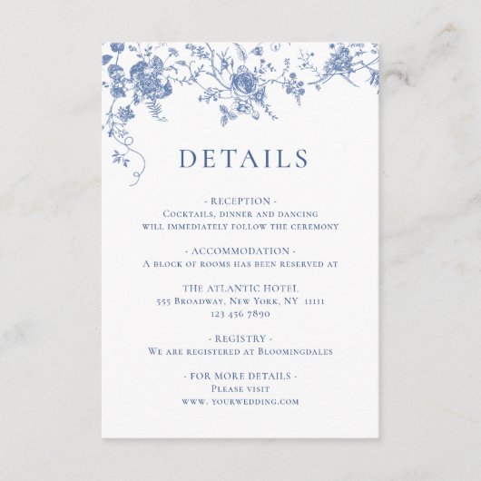 Eleganter Blue French Garden Blumenzettel Begleitkarte (Vorderseite)