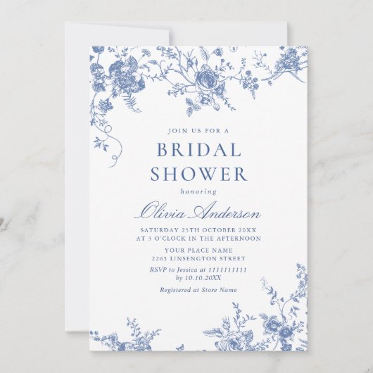 Eleganter Blue French Garden BRAUTPARTY QR-Code Einladung (Vorderseite)