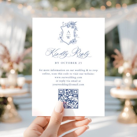 Eleganter Blue French Garden Floral Wedding QR Cod RSVP Karte