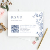 Eleganter Blue French Garden Floral Wedding QR Cod RSVP Karte