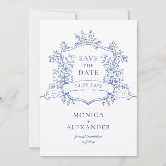 Eleganter Blue French Garden Floral Wedding QR Cod Save The Date (Vorderseite)