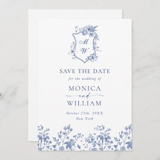 Eleganter Blue French Garden Floral Wedding QR Cod Save The Date (Vorne/Hinten)