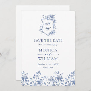 Eleganter Blue French Garden Floral Wedding QR Cod Save The Date
