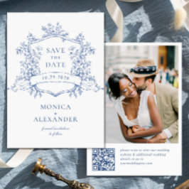 Eleganter Blue French Garden Floral Wedding QR Cod Save The Date