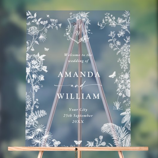 Eleganter Blue French Garden Floral Wedding Willko Acrylschild (Neutral)