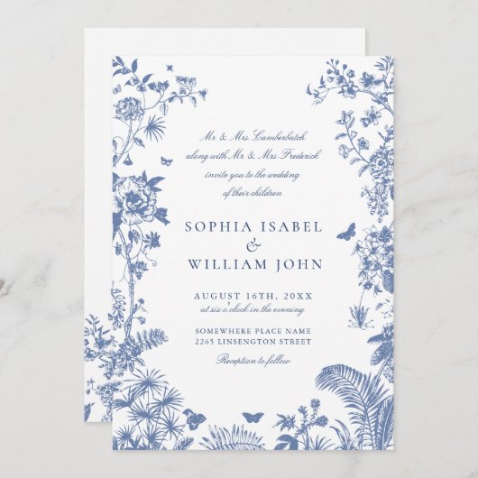 Eleganter Blue French Garden Wedding Einladung (Vorne/Hinten)