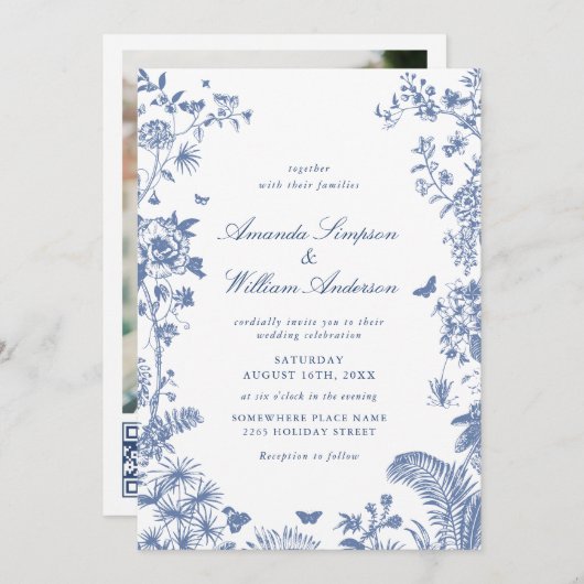 Eleganter Blue French Garden Wedding Foto QR Code Einladung (Vorne/Hinten)