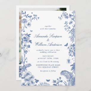 Eleganter Blue French Garden Wedding Foto QR Code Einladung