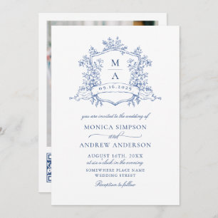 Eleganter Blue French Garden Wedding Foto QR Code Einladung