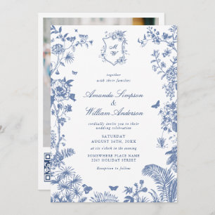 Eleganter Blue French Garden Wedding Foto QR Code Einladung