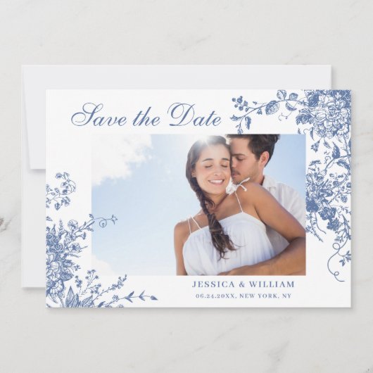 Eleganter Blue French Garden Wedding Foto QR Code Save The Date (Vorderseite)