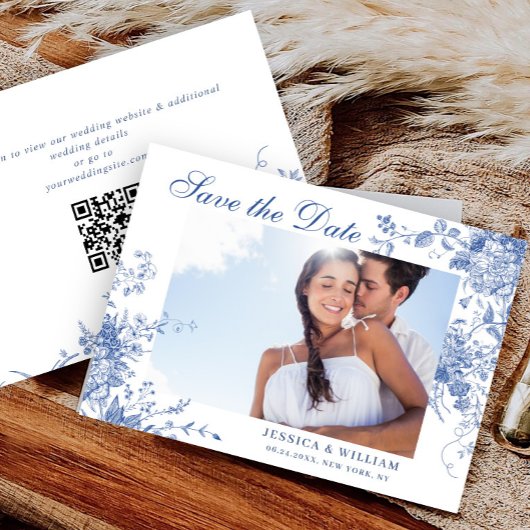 Eleganter Blue French Garden Wedding Foto QR Code Save The Date