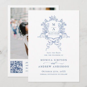 Eleganter Blue French Garden Wedding Foto QR Code Save The Date
