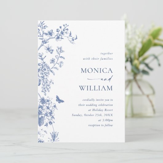 Eleganter Blue French Garden Wedding QR Code Einladung (Stehend Vorderseite)