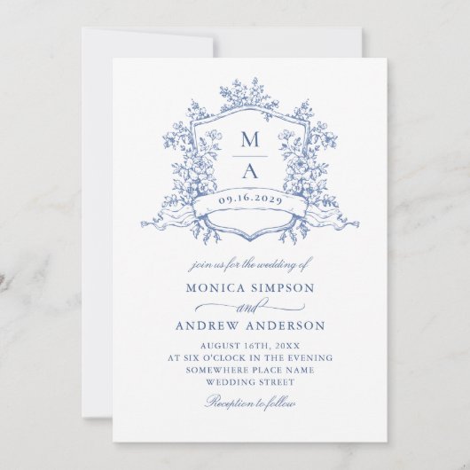 Eleganter Blue French Garden Wedding QR Code Einladung (Vorderseite)