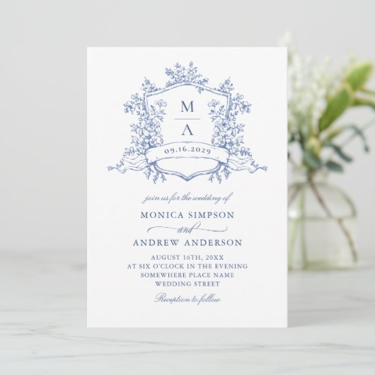 Eleganter Blue French Garden Wedding QR Code Einladung (Stehend Vorderseite)
