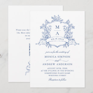 Eleganter Blue French Garden Wedding QR Code Einladung