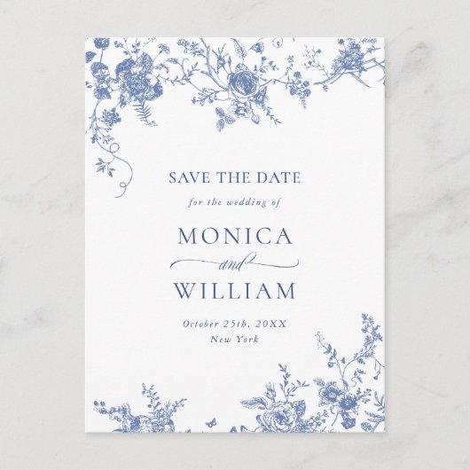 Eleganter Blue French Garden Wedding Save the Date Postkarte (Vorderseite)