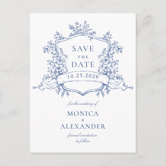 Eleganter Blue French Garden Wedding Save the Date Postkarte (Vorderseite)