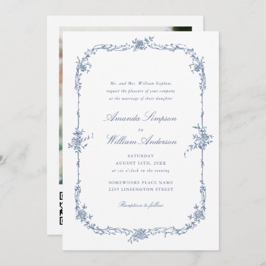 Eleganter Blue French Rose Garden Wedding QR Code Einladung (Vorne/Hinten)
