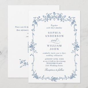 Eleganter Blue French Rose Garden Wedding QR Code Einladung