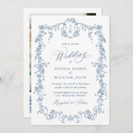 Eleganter Blue French Rose Garden Wedding QR Code Einladung