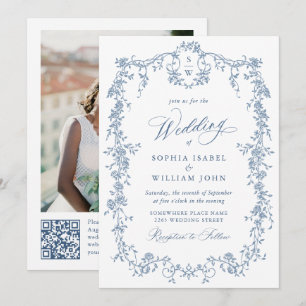 Eleganter Blue French Rose Garden Wedding QR Code Einladung