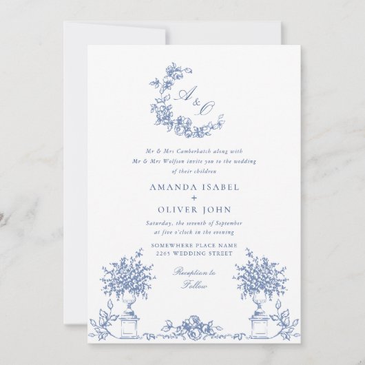 Eleganter Blue French Rose Garden Wedding QR Code Einladung (Vorderseite)