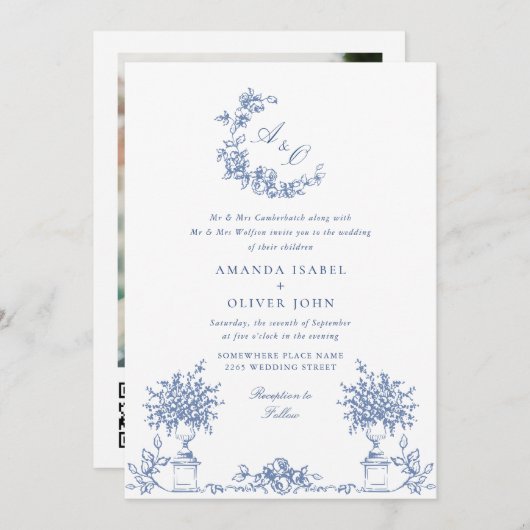 Eleganter Blue French Rose Garden Wedding QR Code Einladung (Vorne/Hinten)