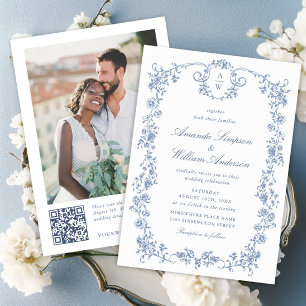 Eleganter Blue French Rose Garden Wedding QR Code Einladung