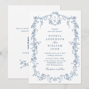 Eleganter Blue French Rose Garden Wedding QR Code Einladung