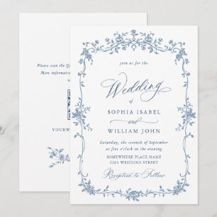 Eleganter Blue French Rose Garden Wedding QR Code Einladung
